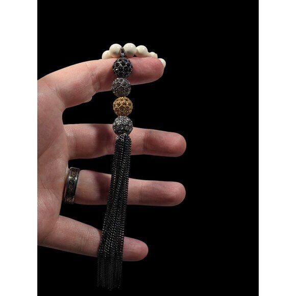 Boho Chic Stone Beaded Necklace With Metallic Rhinestone Bead And Chain Tassel - Picture 6 of 8